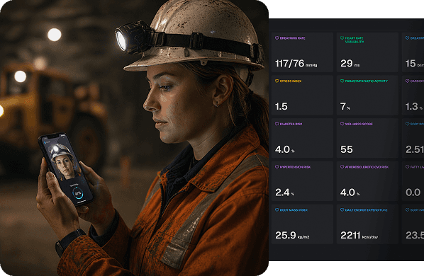 Woman conducting a remote biometrics vitals scan in a mine
