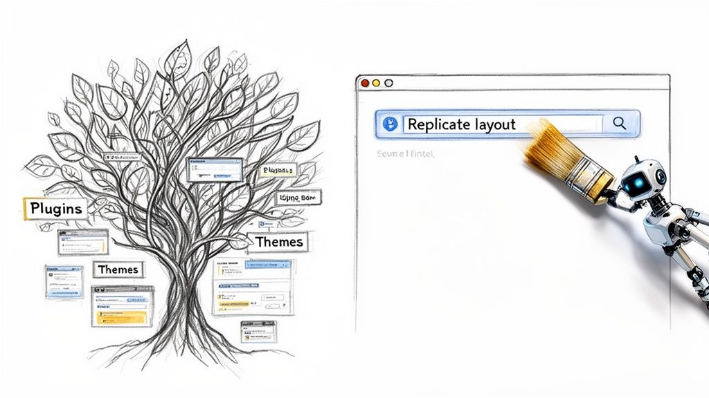 Conceptual image showing website elements as a tree and AI-powered layout replication in a browser.