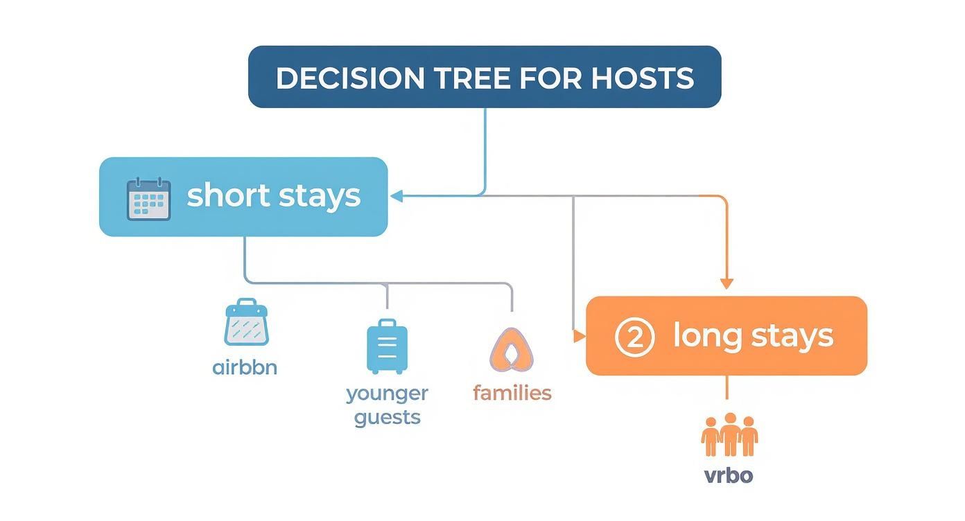 Infographic decision tree for hosts choosing between Airbnb and Vrbo based on stay length and guest type.