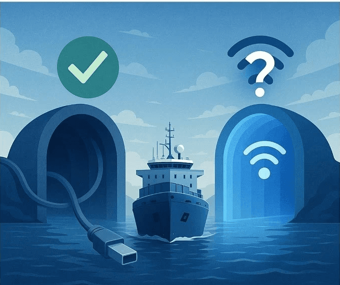 Illustration of a ship between two portals: one marked with a check and the other with a Wi-Fi symbol and a question mark.
