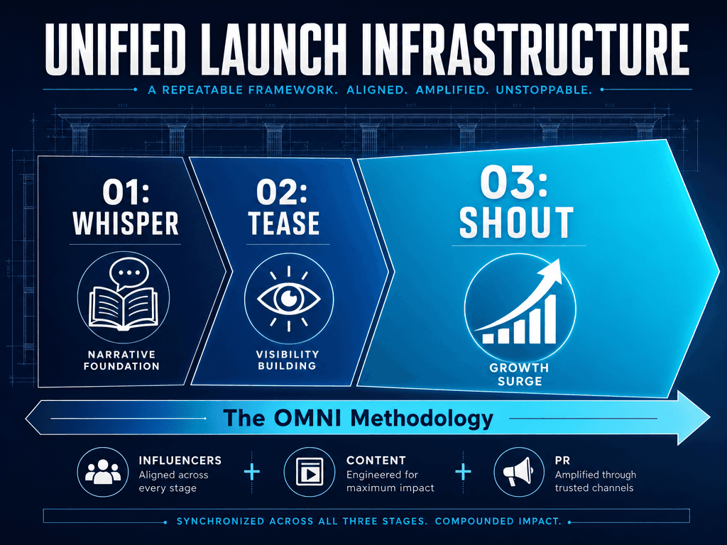 A three-step growth framework for Web3 launches showing the progression from Whisper to Tease to Shout under the OMNI methodology.