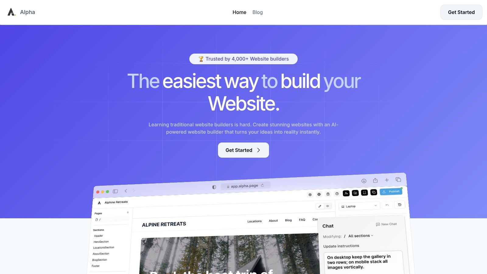 Alpha website builder interface showing AI-powered design features