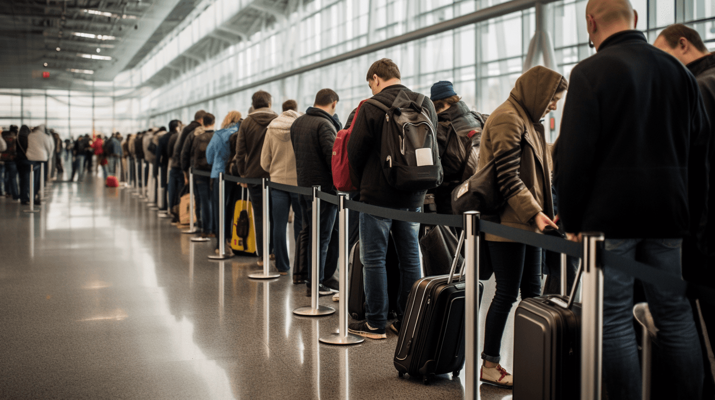 a photo of people waiting in line to be processed by customs and immigration at the airport