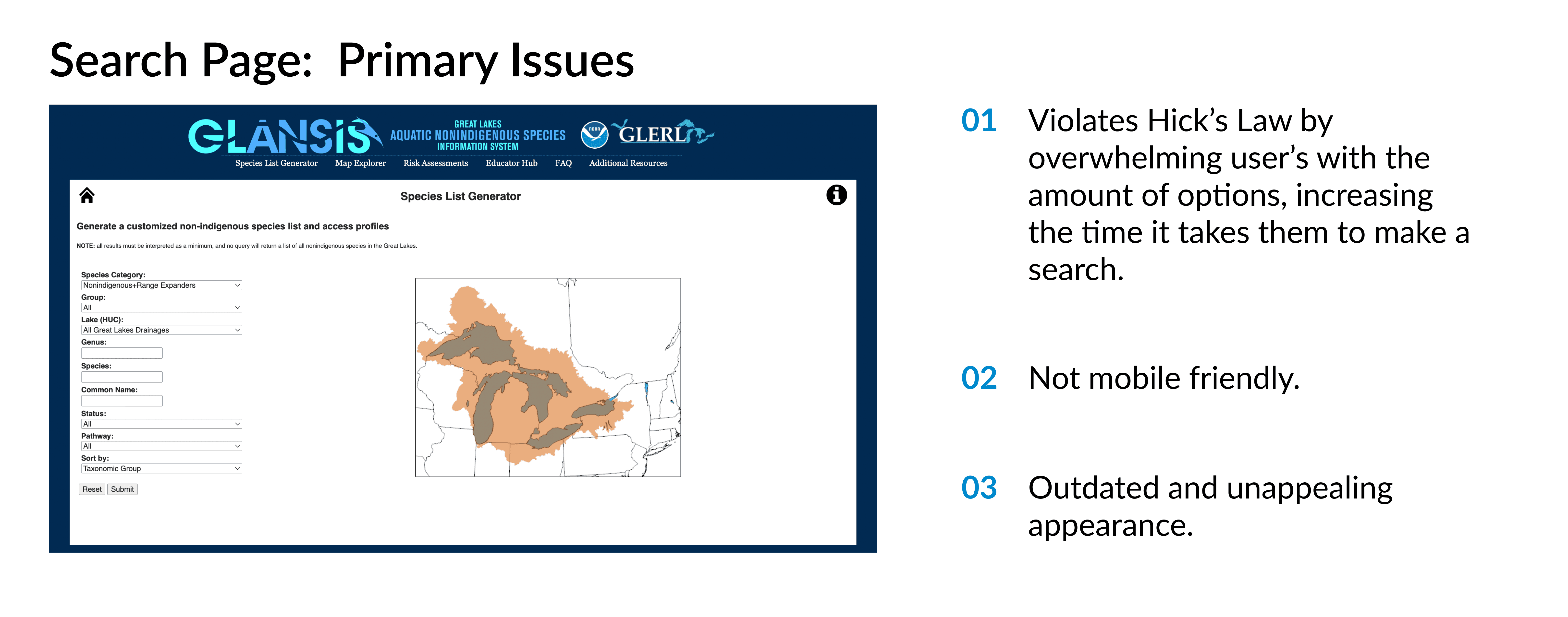 An audit of the issues with the current design for the GLANSIS search page.