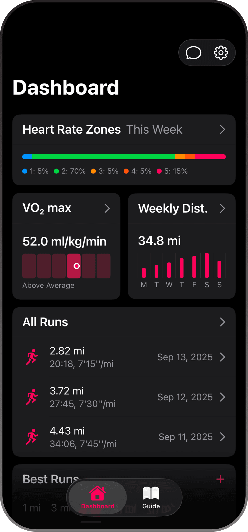Dashboard with heart rate zones, vo2 max, weekly distance and the list of recent runs