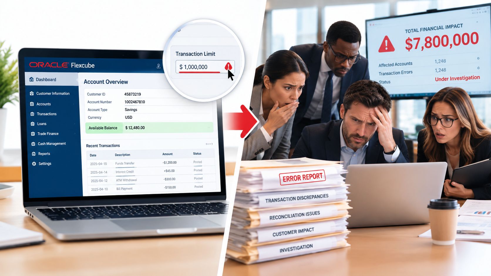 Stressed corporate team examining financial losses and transaction errors on a laptop display in an office setting.