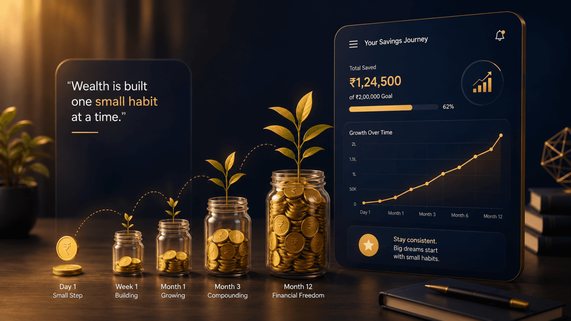 Small daily digital gold savings growing into a larger balance over time.