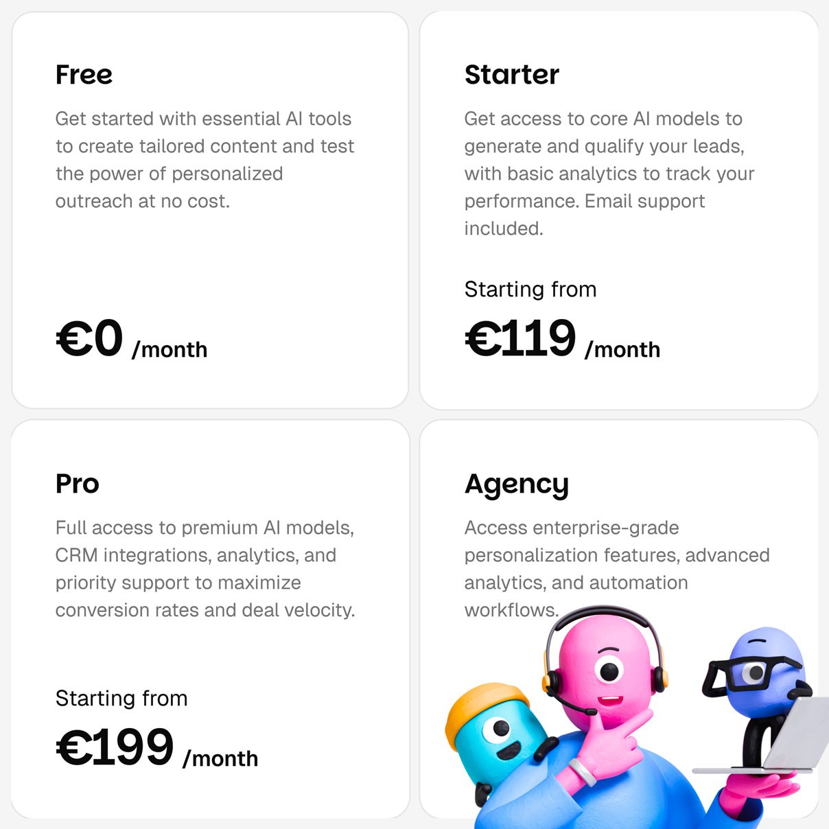 Tinct pricing overview showing three plans — Free at €0/month, Pro at €170/month, and Agency with flexible pricing — illustrated with friendly 3D mascot characters.