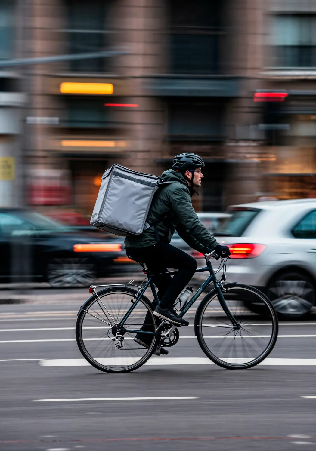 Delivery courier riding a bicycle with an insulated delivery bag through city traffic