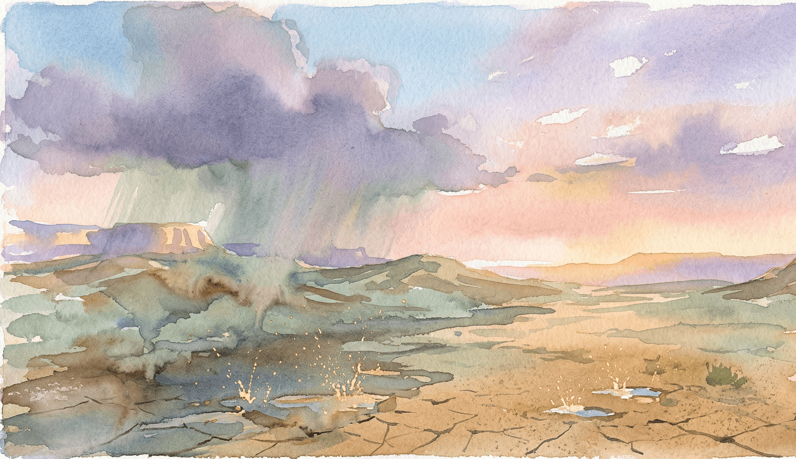 Watercolor desert at the moment rain arrives with golden splashes on dry earth