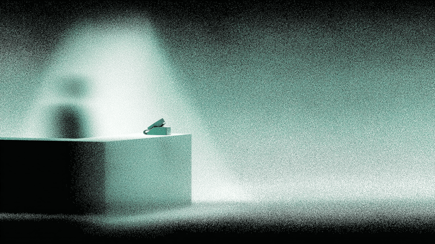 A grainy, minimalist illustration of an AI receptionist desk. A faint, glowing silhouette of a person sits behind a desk with a telephone, illuminated by a spotlight in a dark, textured space. The teal and grey stippled effect evokes a sense of digital presence and real-time transcription technology.