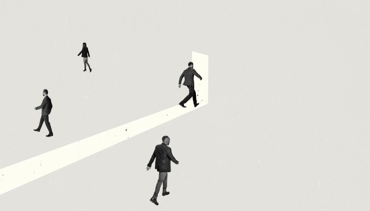 Minimalist illustration of professionals walking in different directions, with one heading toward a bright doorway, symbolizing reasons for leaving a job and career transitions.