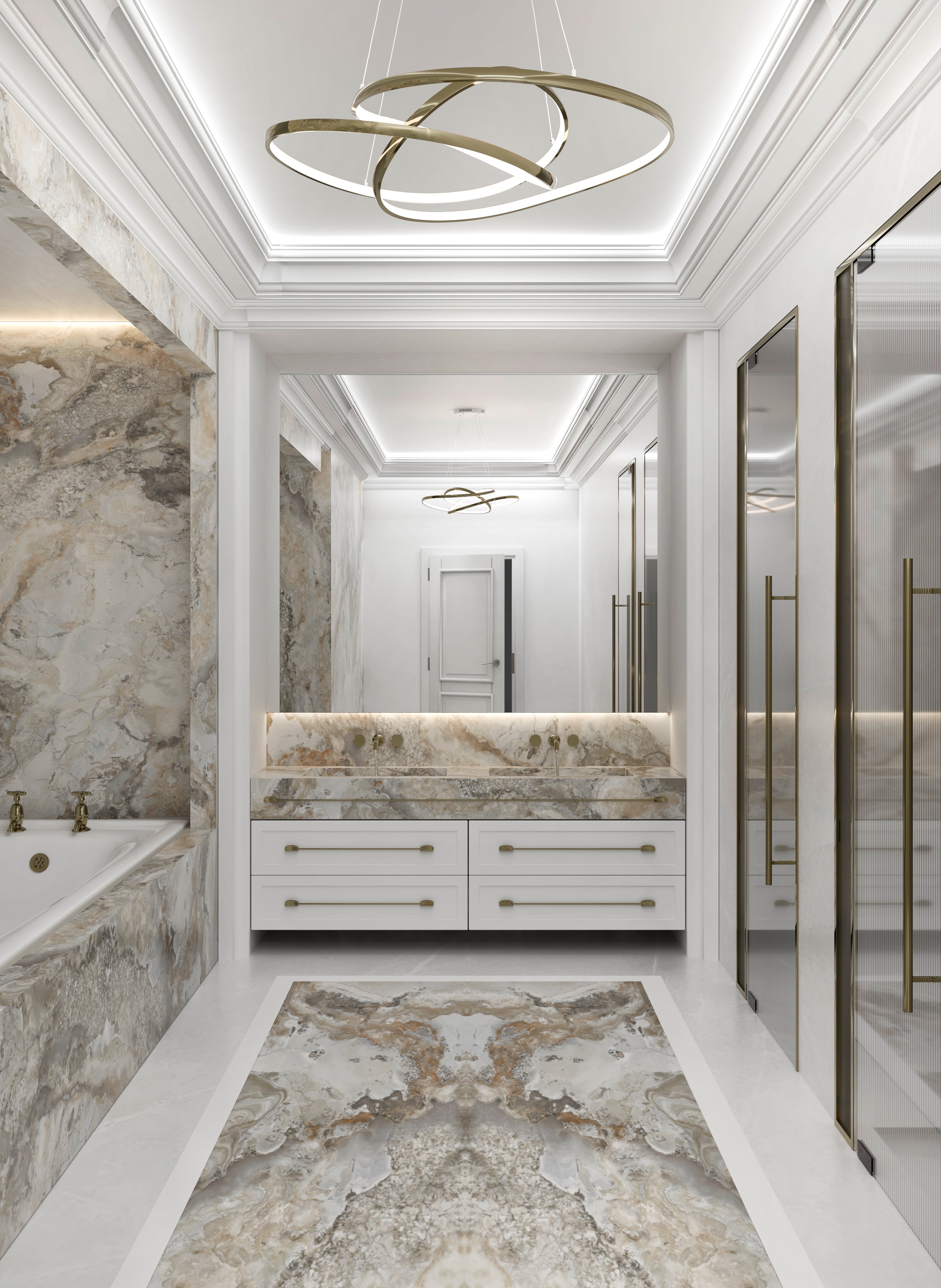 Modern building with glass walls, illuminated trees, and people overlooking a cityscape at sunset