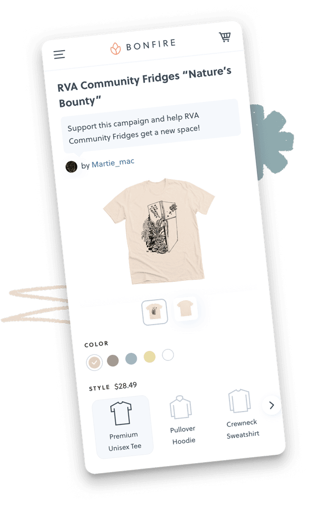 Bonfire campaign page showcasing a beige "Nature's Bounty" tee supporting RVA Community Fridges.