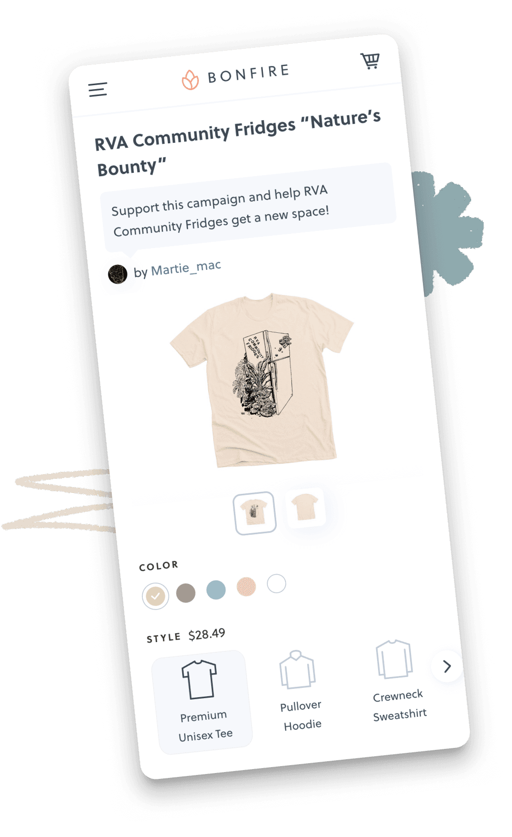 Bonfire campaign page showcasing a beige "Nature's Bounty" tee supporting RVA Community Fridges.