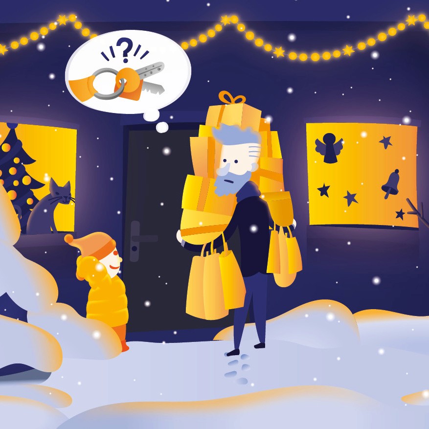 Illustration of a man with his boy waiting outside of the house at christmas, realizing he doesnt have the keys and it seems cold because there is snow outside.