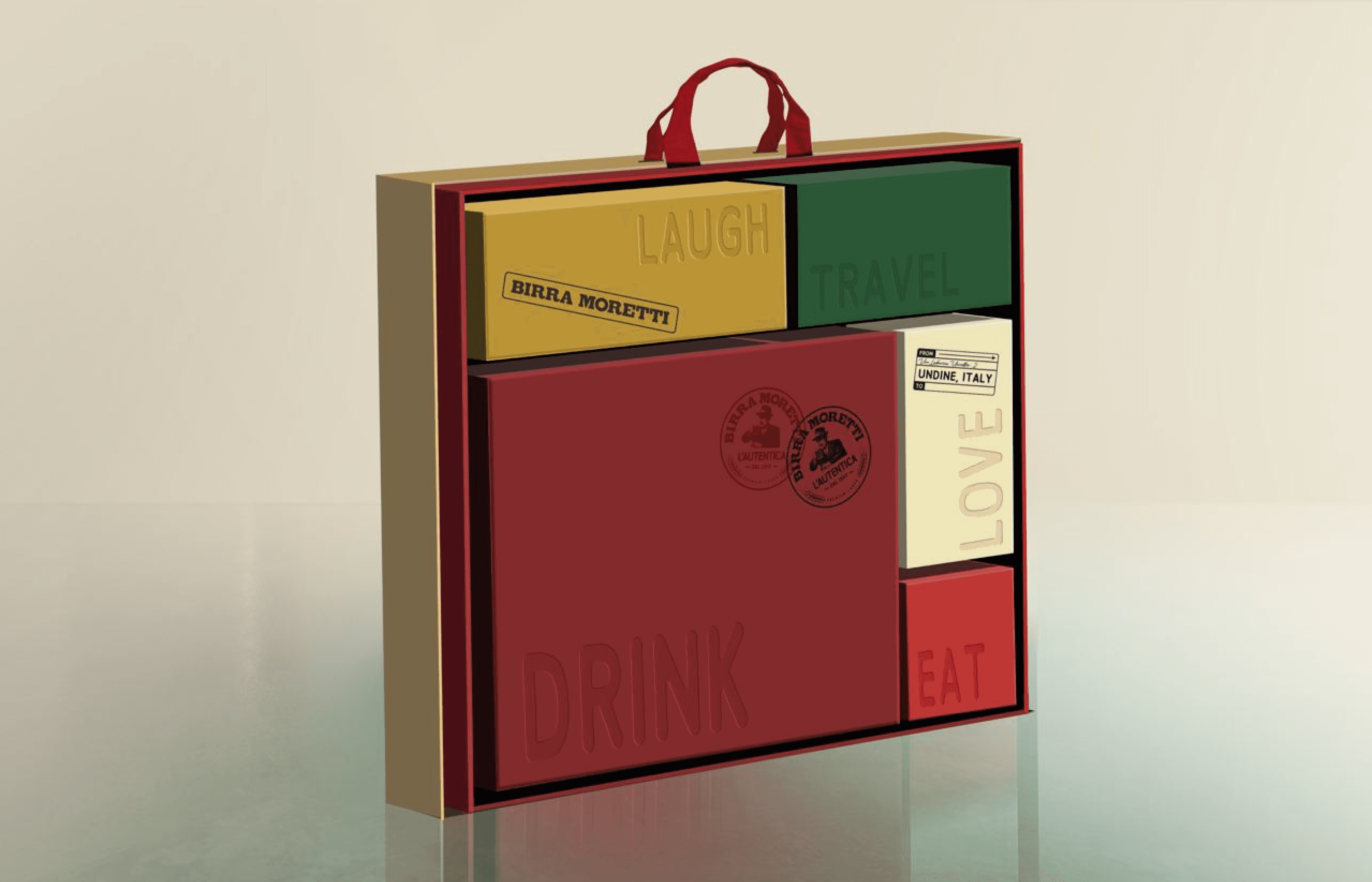 Branded gift set examples created by our team for Birra Moretti Sunsets brand activation event