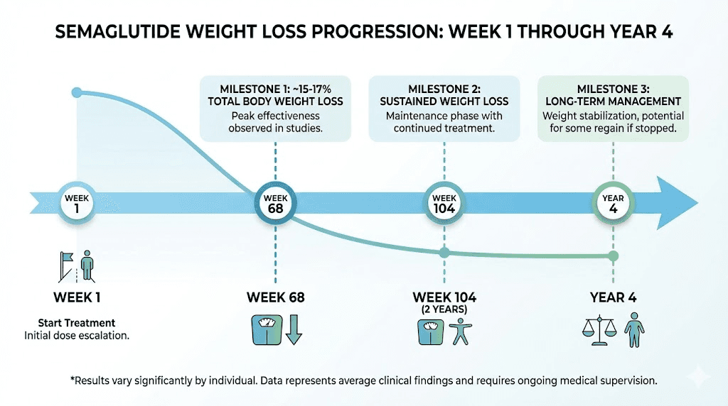 Semaglutide weight loss timeline showing clinical trial duration milestones