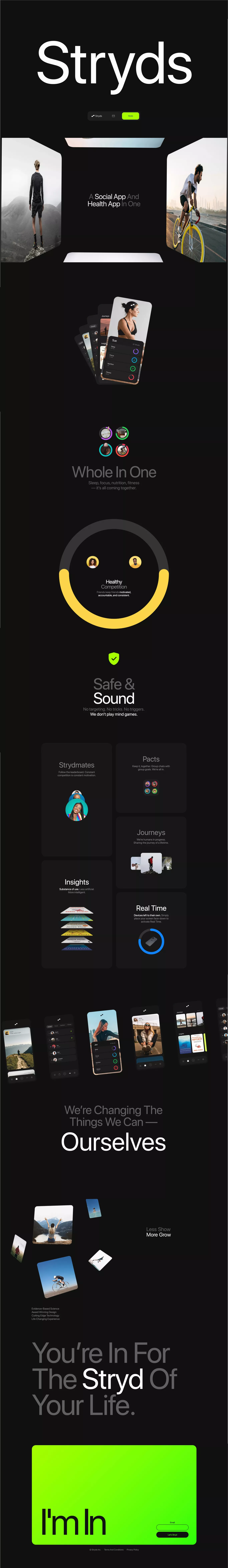 Stryds landing page screenshot showcasing Health & Fitness and Tech design