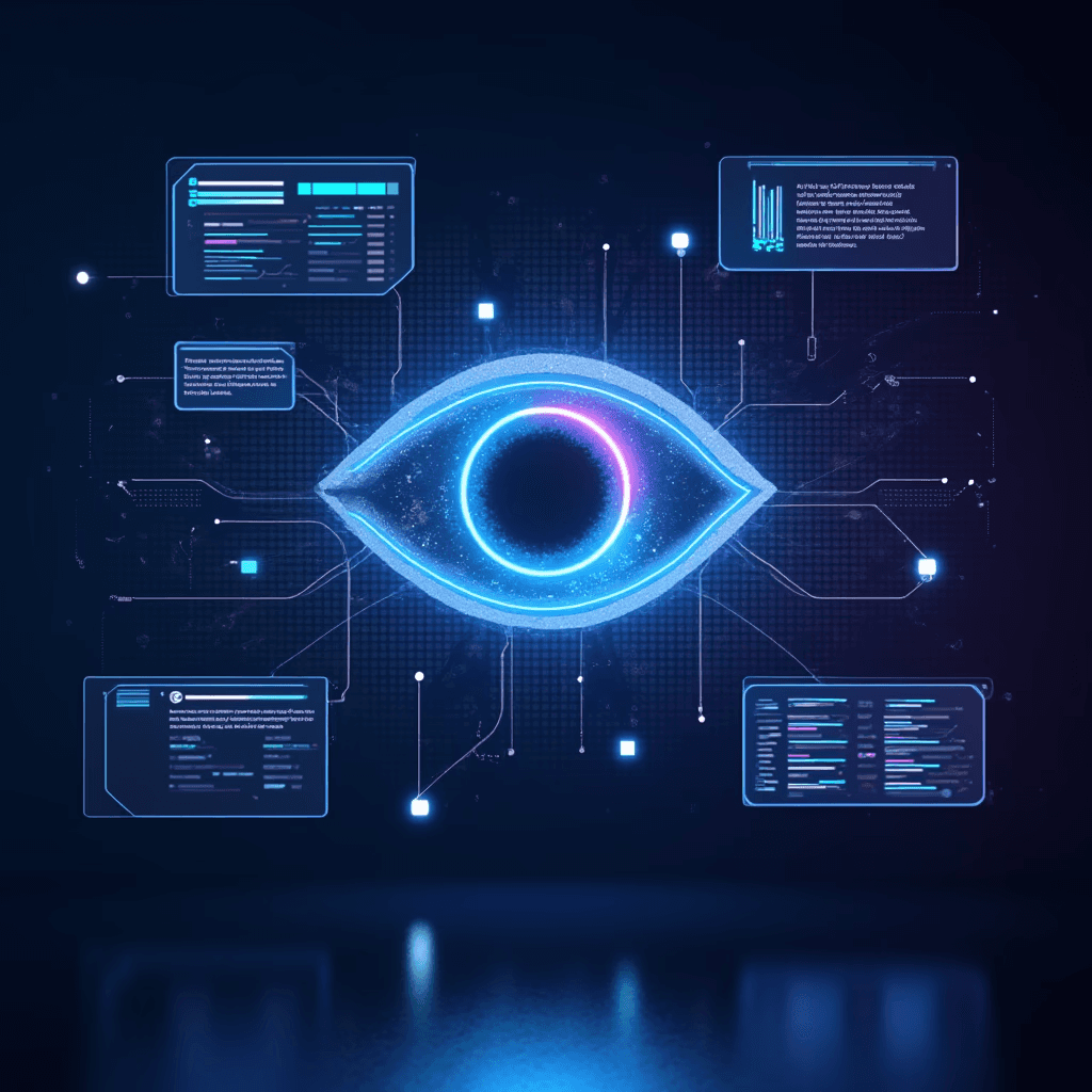 Smart surveillance system visualized as a digital eye monitoring multiple camera feeds to eliminate blind spots and human error.