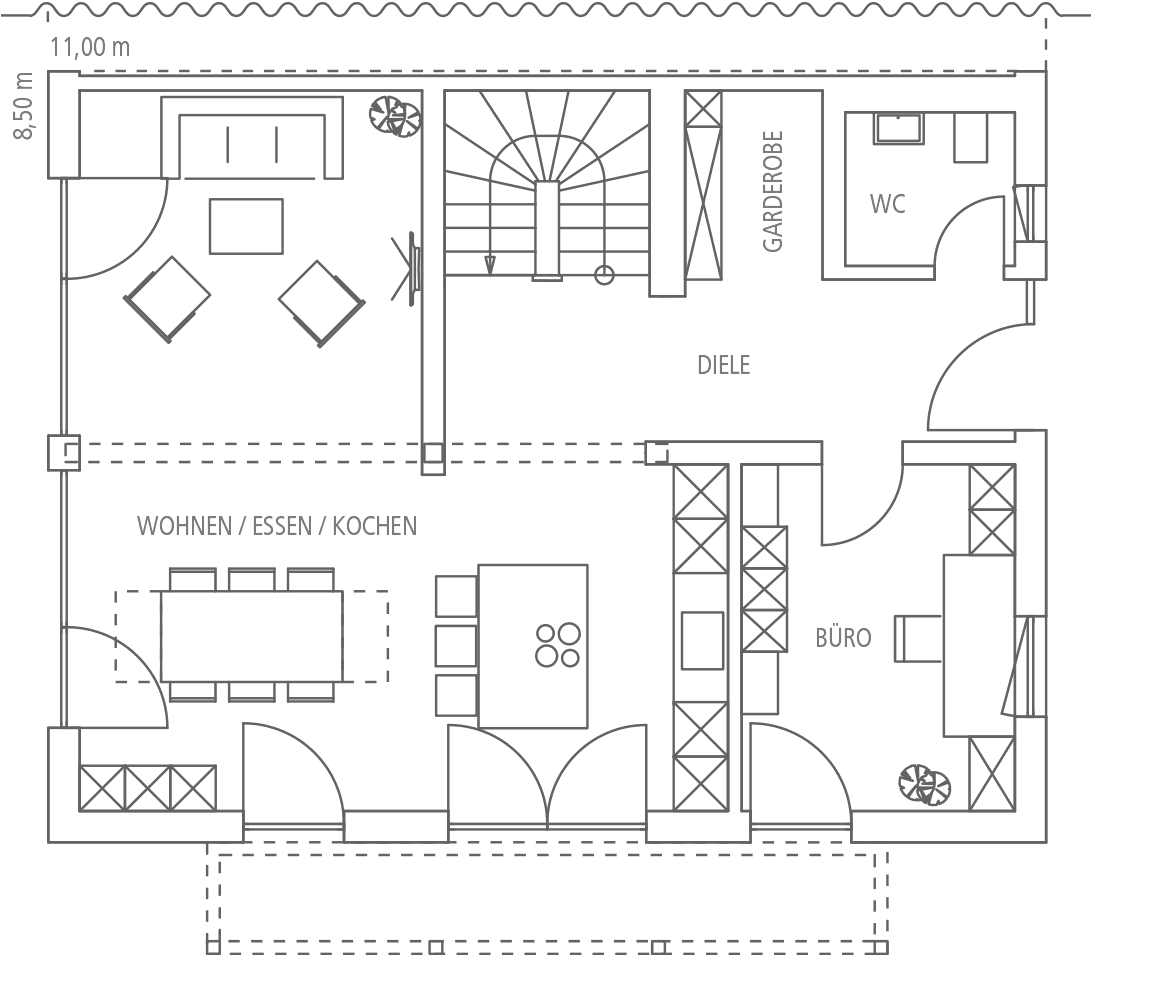 Grundriss eines modernen Hauses mit Wohn-/Ess-/Kochbereich, Diele, Garderobe, WC und Büro. Gesamtmaße 11,00 m x 8,50 m.
