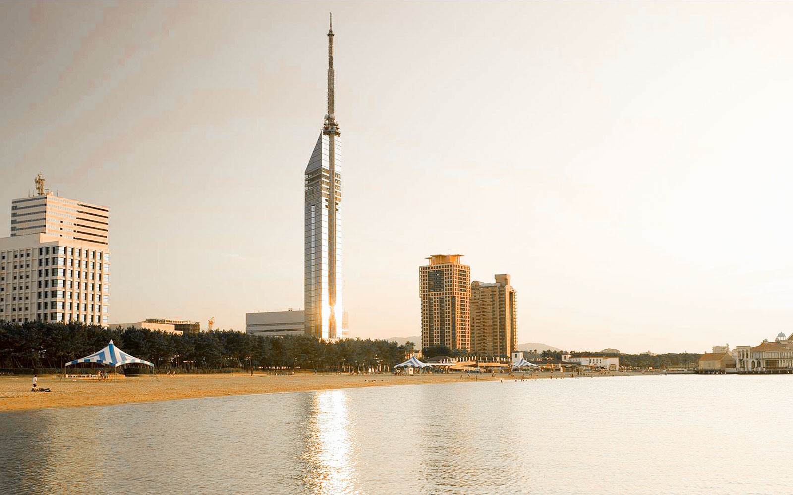 Fukuoka Tower with beach and cityscape in Fukuoka, Japan.