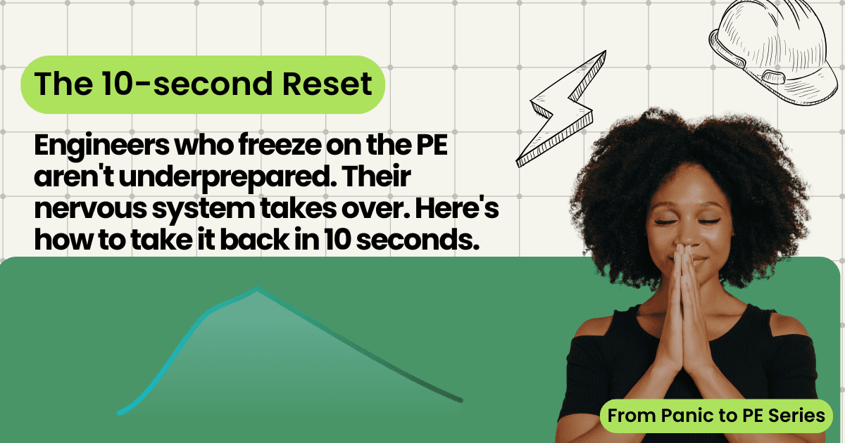 Calm Black woman engineer with eyes closed and hands pressed together taking a breath, beside an Anchor Breath curve showing the physiological sigh technique to calm PE exam anxiety in 10 seconds