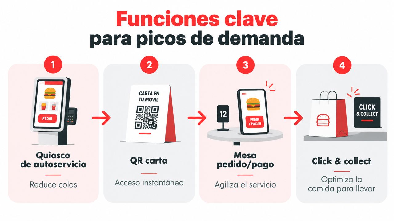 Infografía sobre cuatro soluciones tecnológicas clave en hostelería para mejorar la eficiencia durante los picos de demanda.