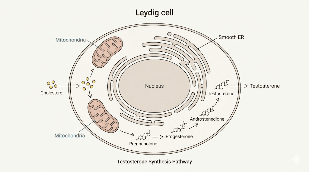 Leydig cell testosterone production pathway showing cholesterol transport to mitochondria