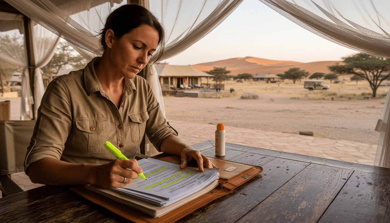 Traveller reviewing insurance documents at safari lodge
