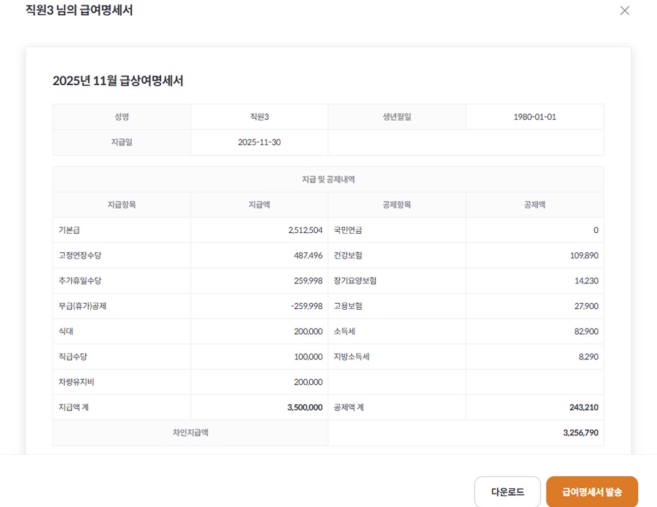 발급된 급여명세서 발송 전 최종 확인 화면