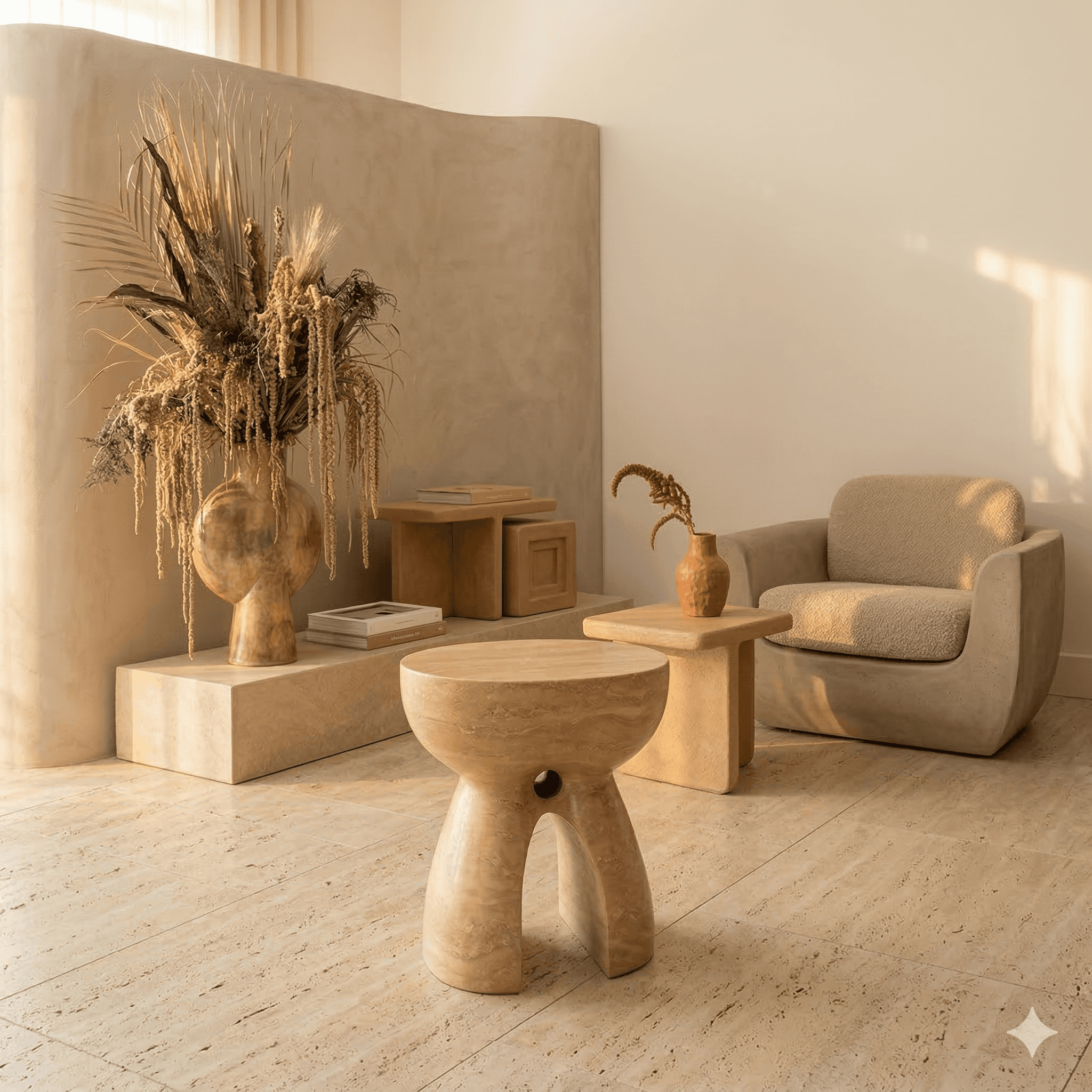 Minimalist entry hall with arched wooden door, warm plaster walls, dried botanicals, and soft natural light.