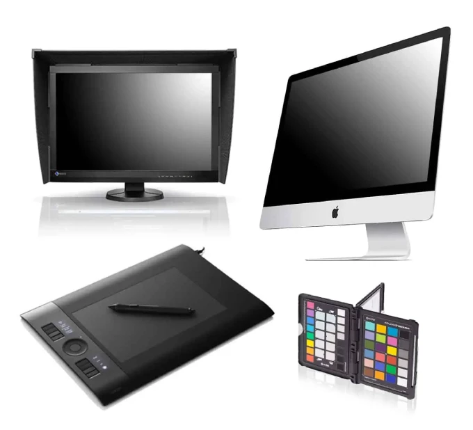 Image containing all the equipment present in the Capture I Pack : a 27'' iMac, a calibrated EIZO CG247X Monitor (with built-in probe), a WACOM INTUOS M graphics tablet (A4), a Colorchecker