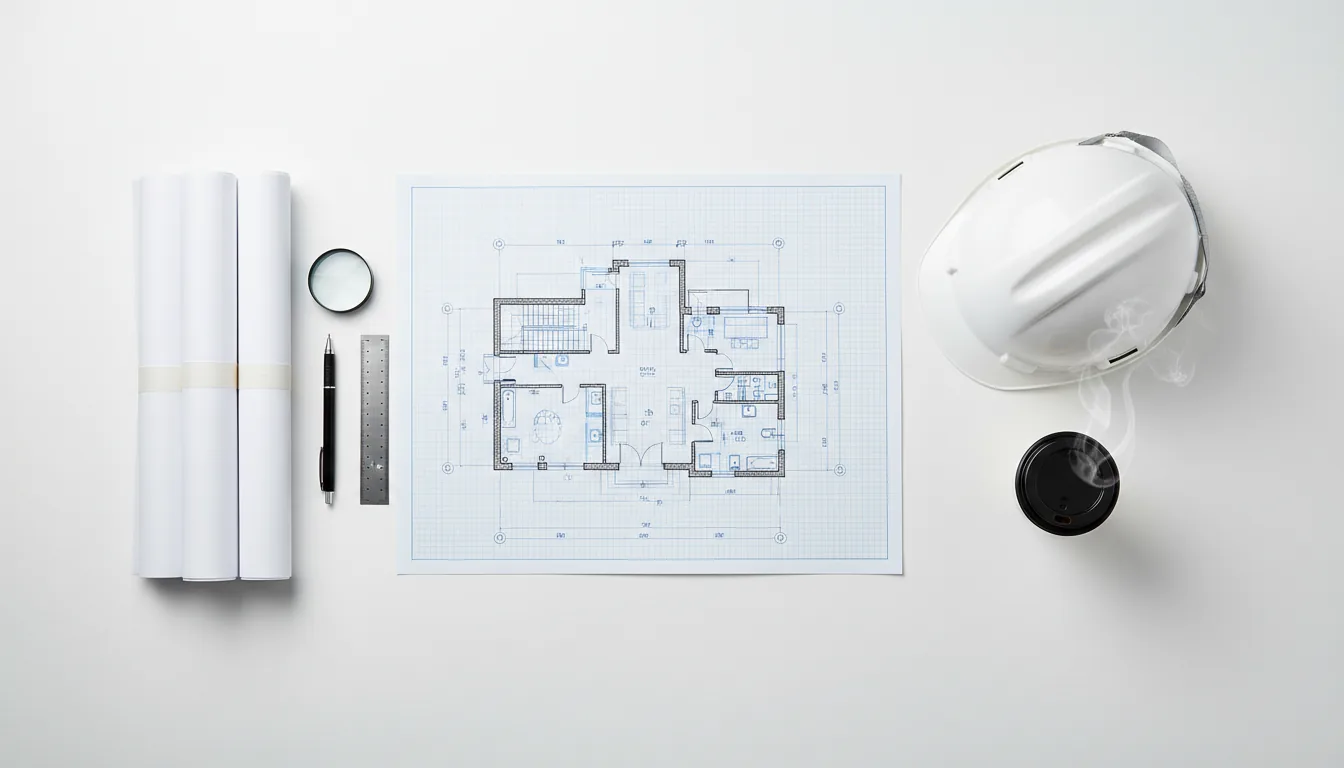 Top-down flat lay DSLR photograph of an architect's desk, featuring several rolled-up white blueprints, a detailed architectural floor plan on grid paper, a white construction hard hat, and a paper coffee cup with a black lid. The composition is clean and minimalist on a pure white surface. The scene is illuminated by bright, even natural daylight, casting soft, gentle shadows. The entire image is in sharp focus, creating a professional and technical aesthetic.