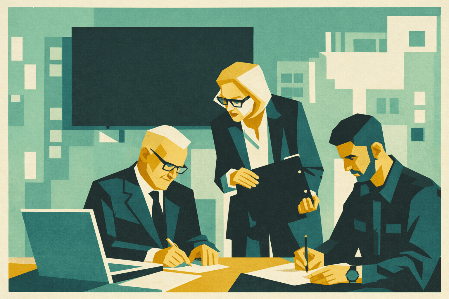 Confronto tra professionisti durante una decisione complessa, momento di riorientamento e scelta consapevole in una fase di transizione professionale