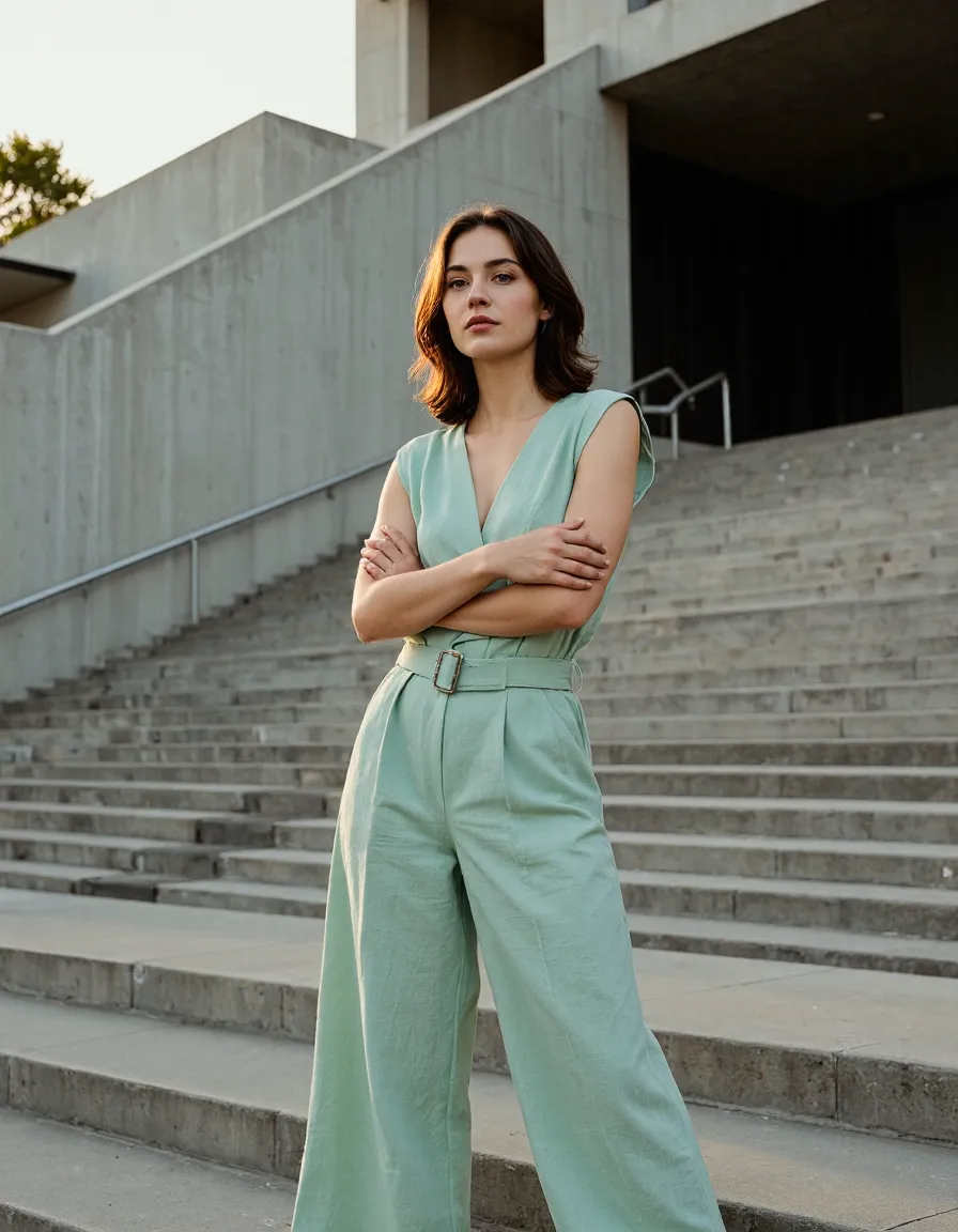 Woman in sage green belted jumpsuit standing confidently on urban concrete stairs in natural lighting
