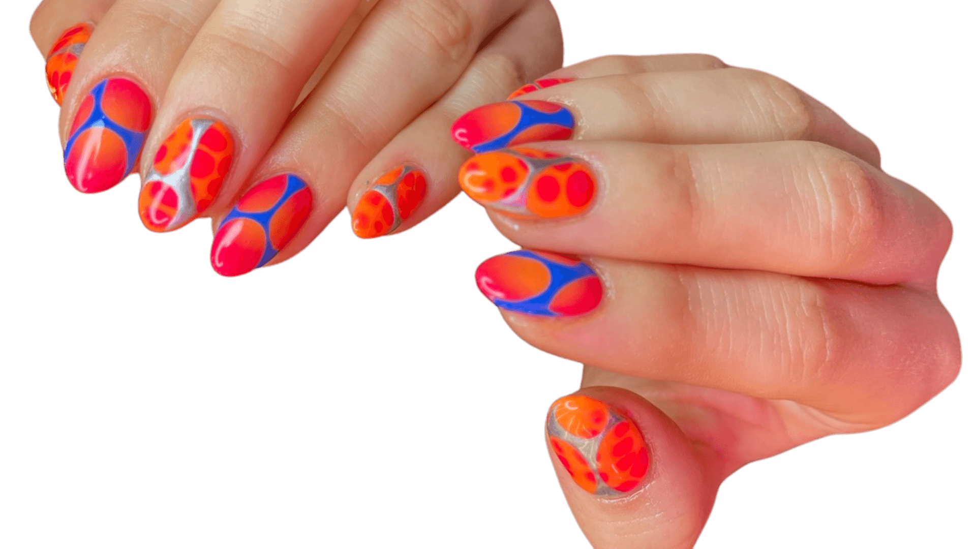 A wide graphic of oval nails with an abstract "lava" effect—fluorescent orange and red cells separated by thick blue and silver metallic borders.