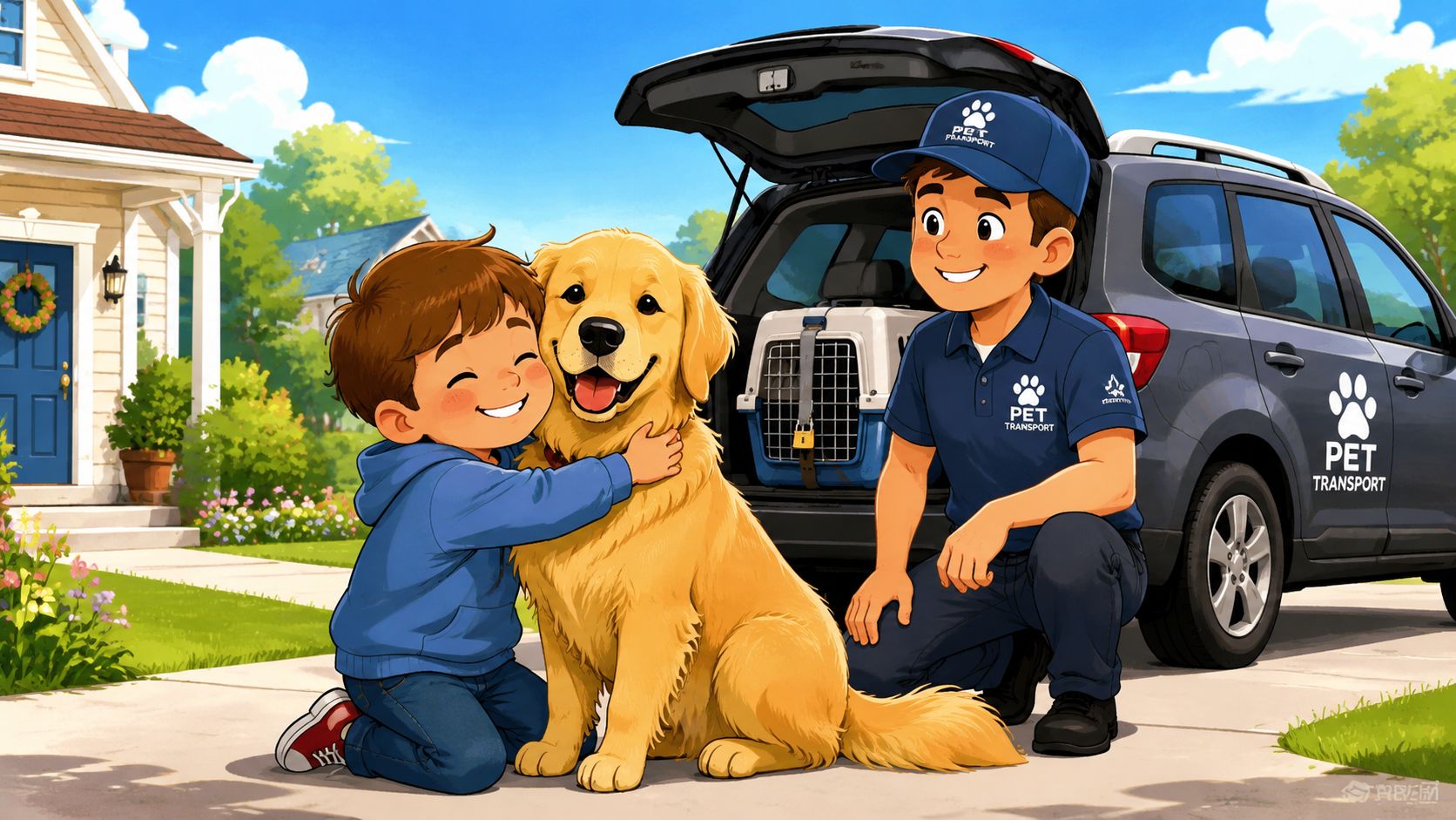 A young boy hugging a golden retriever next to a pet transport car with a driver.