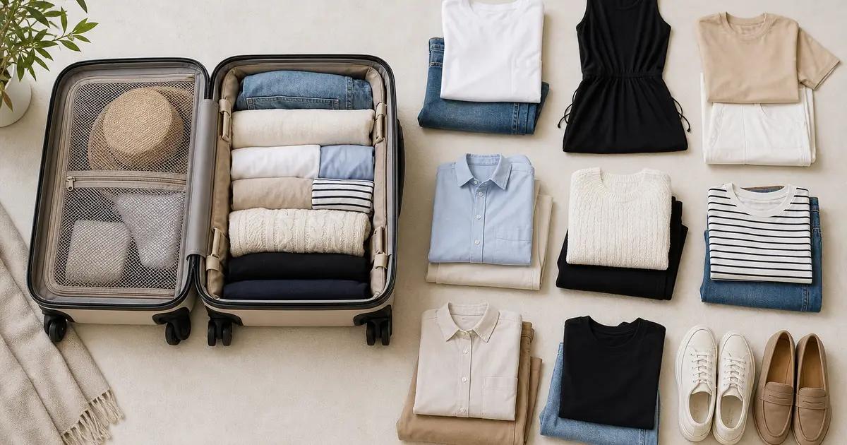 Open carry-on beside a coordinated week of shirts, trousers, dress, knitwear, sneakers, and loafers