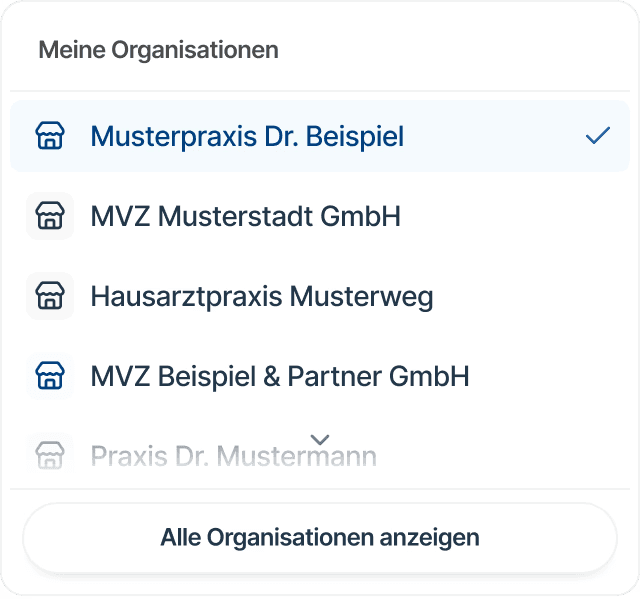 MediPulse Organisationsauswahl – mehrere Arztpraxen und MVZ in einer Software verwalten