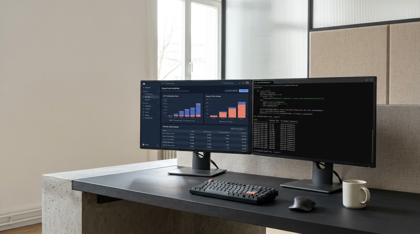A dual-screen developer workstation displaying a cloud cost analytics dashboard next to a terminal executing LLM inference benchmarks, aspect ratio 16:9, room for overlay text in the upper-left third, brand colors #1F3B5B, #E76F51, #F5F2EC, #20242B, no text, no logos, no watermarks, photorealistic, editorial photography, natural lighting