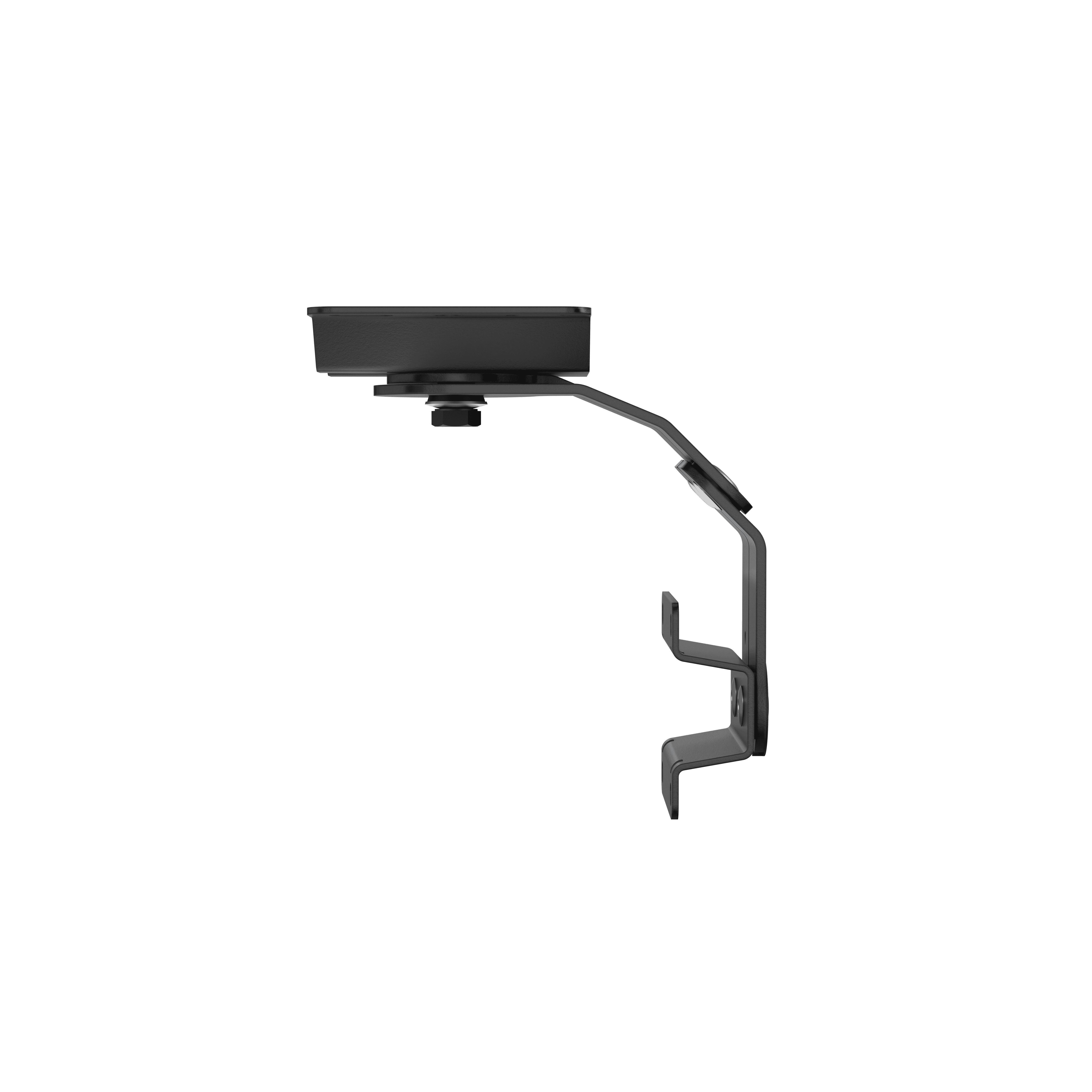 Black metal bracket with a nut and bolt assembly.