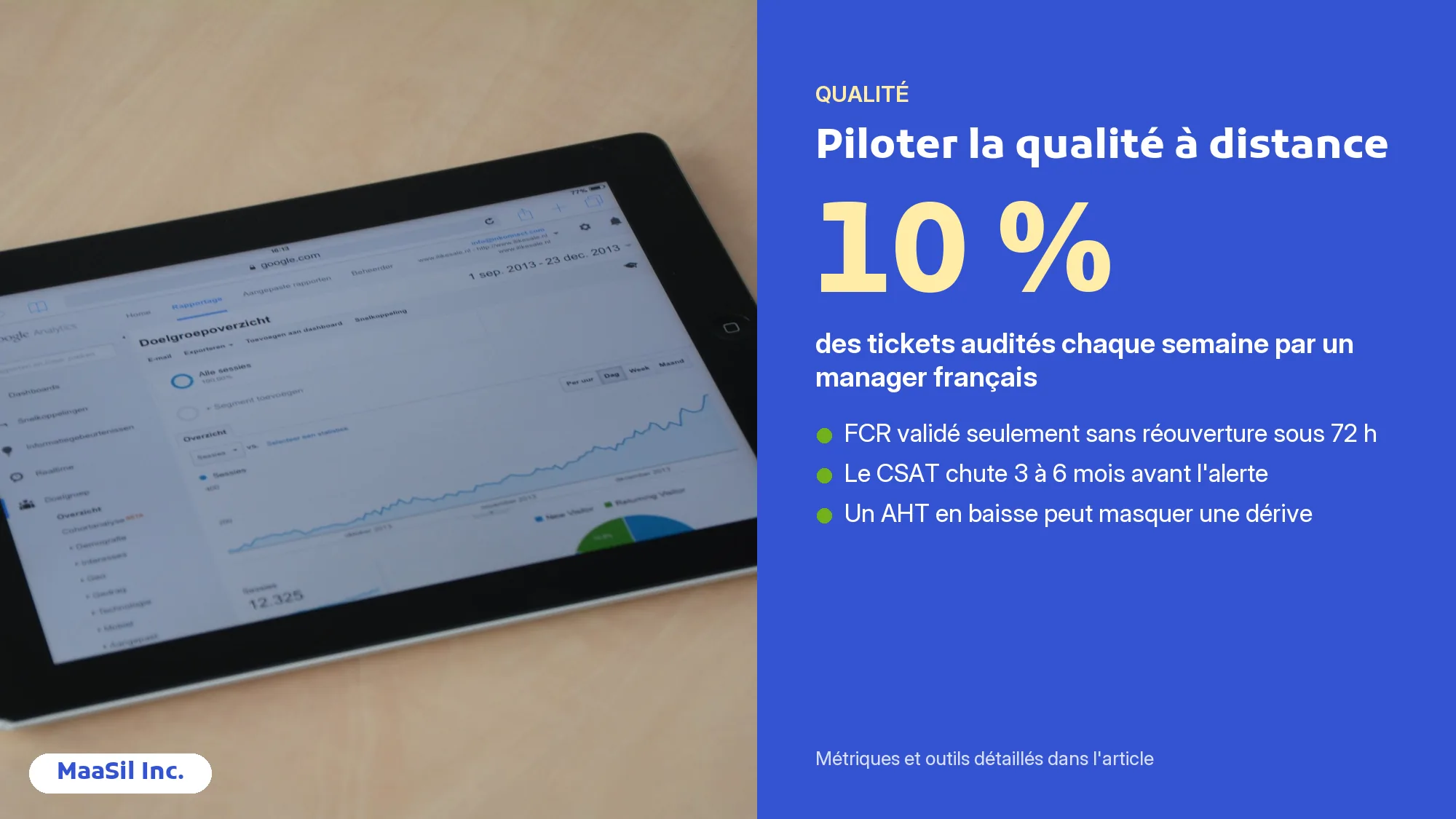 Infographie qualité du support à distance : 10 % des tickets audités chaque semaine et FCR validé à 72 h
