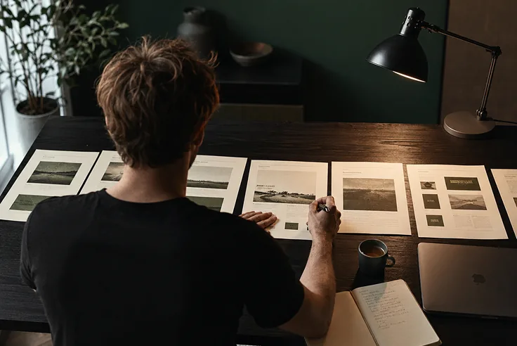 Designer bestudeert layoutontwerpen aan houten werkblad met lamp en plant