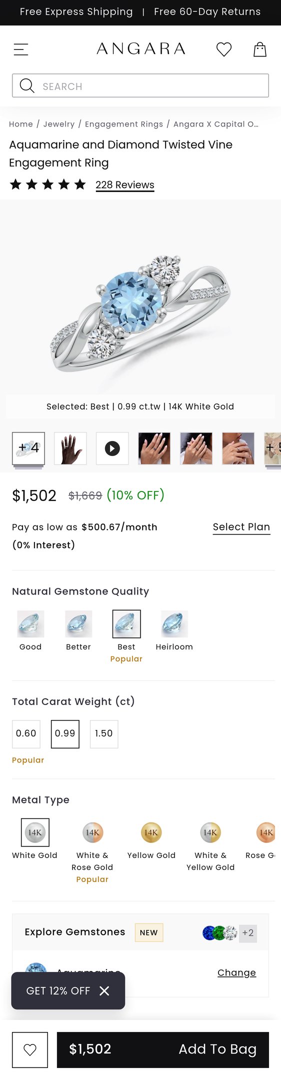 Jewelry product options include: ring, pendant for Aquamarine and Diamond Twisted Vine Engagement Ring from Angara.