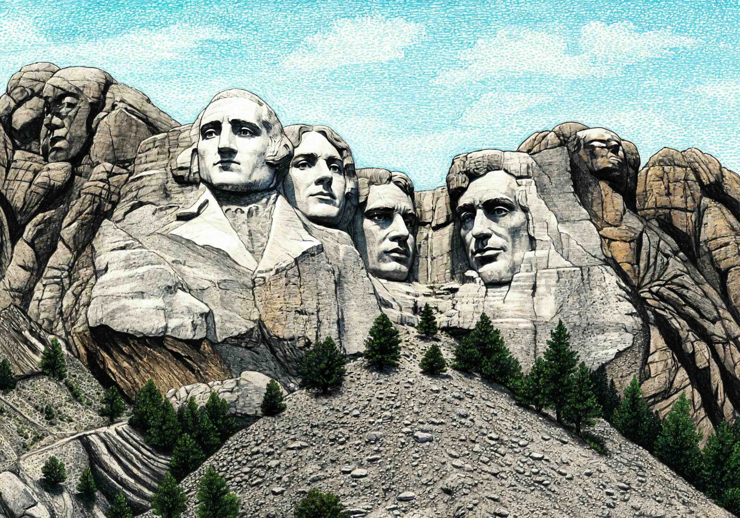 A detailed illustration of Mount Rushmore in the USA, featuring the carved faces of four American presidents on a rocky mountainside, surrounded by trees under a clear blue sky.