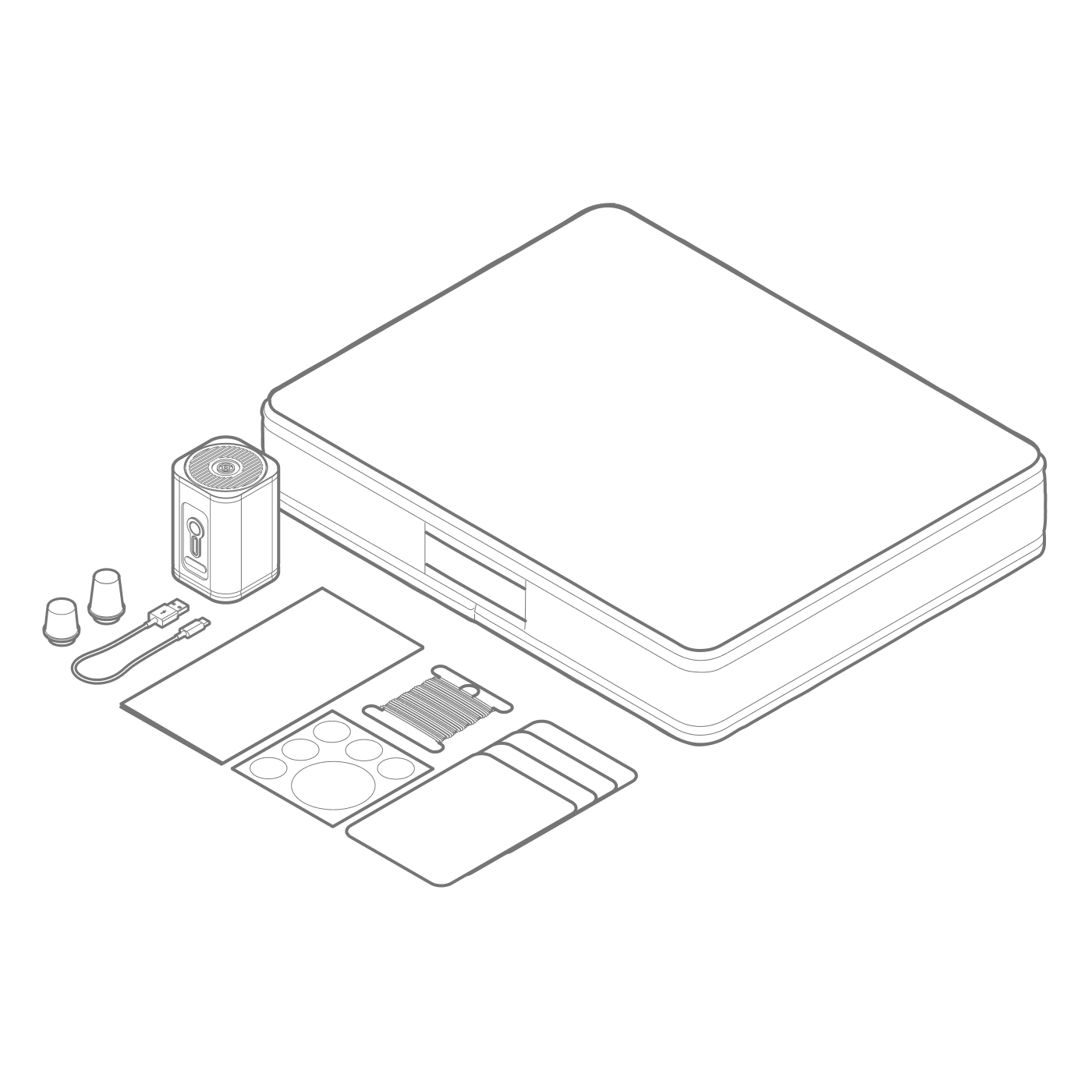 Flat lay illustration of luxury pool float kit — includes inflatable core, upholstery cover, air pump, charger, repair patches, and accessories for effortless setup.