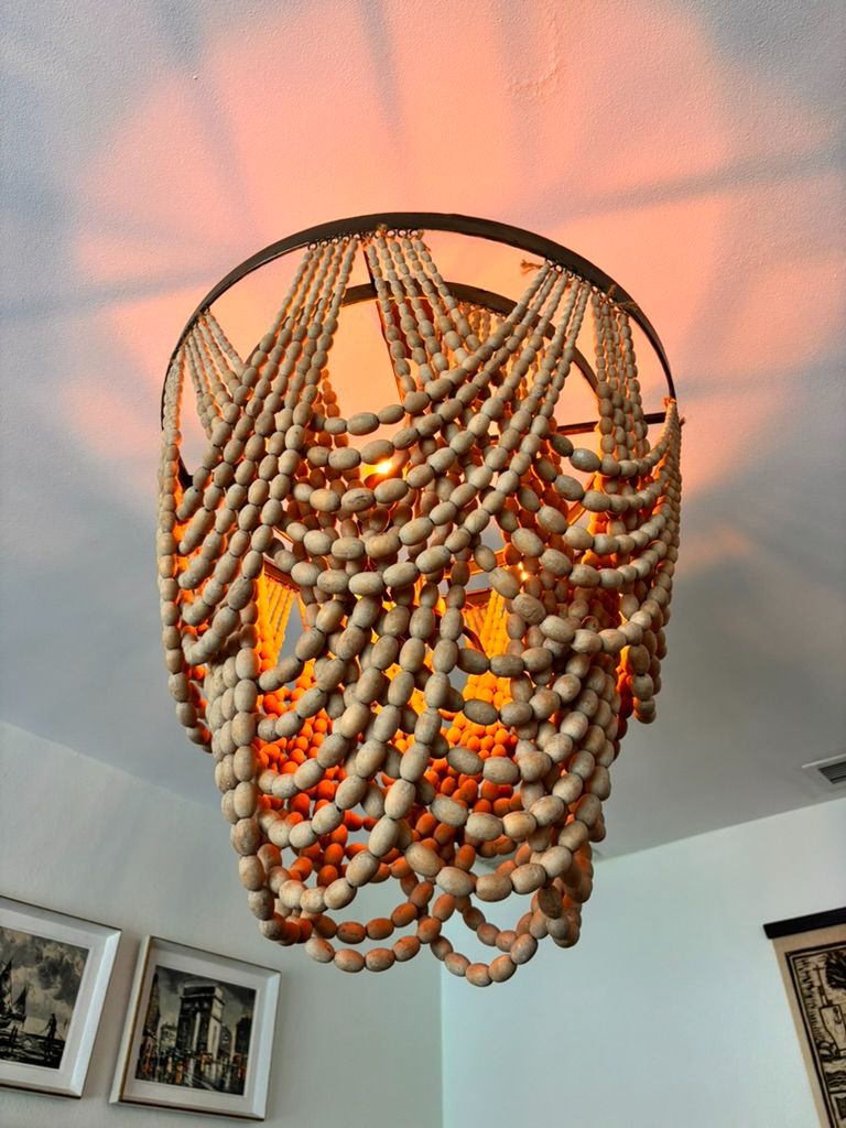 Wood-beaded chandelier