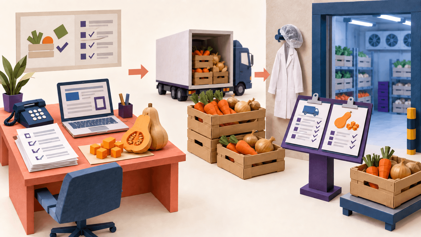 A goods-in technician in a white coat and hairnet lifts the lid of a crate of diced vegetables on a pallet in a chilled loading bay, holding a printed sheet in the other hand.