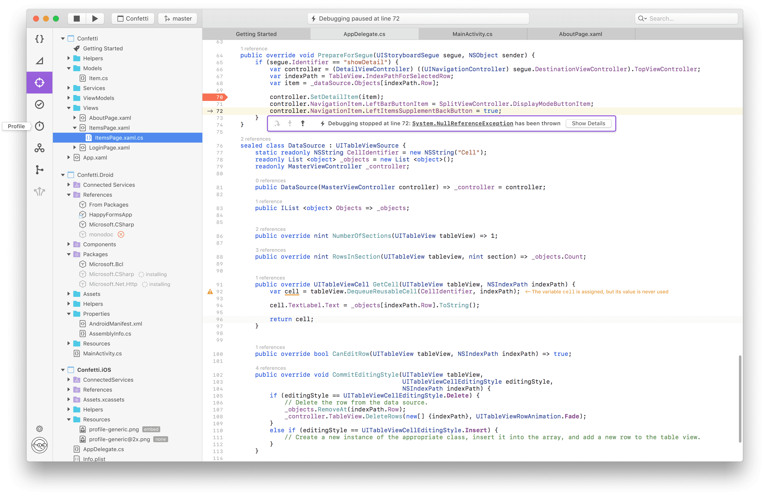 Integrated development environment interface showing a debugging session for a mobile app project named Confetti, with a NullReferenceException error highlighted at line 72 of the code.